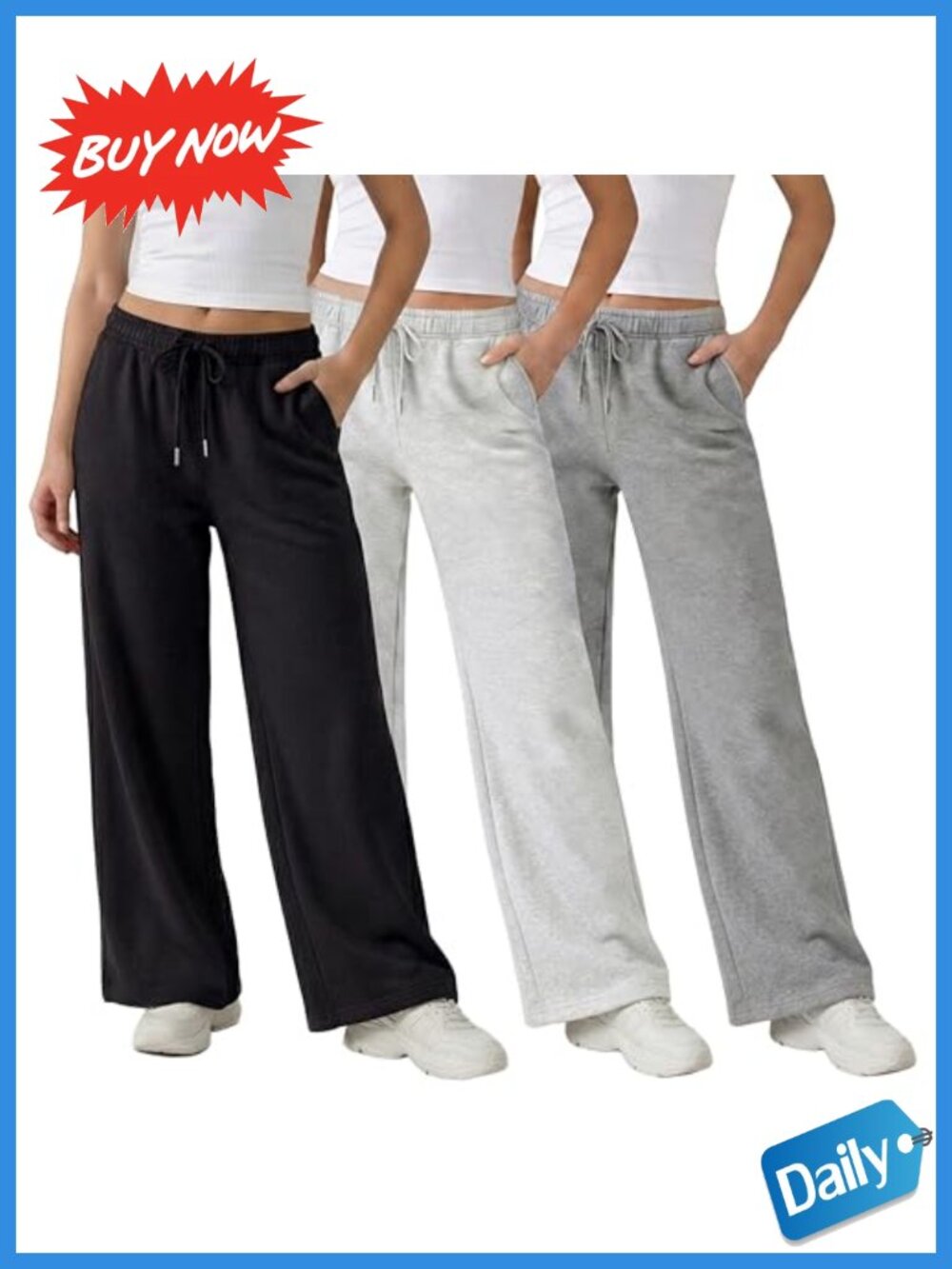 Wide Leg Fleece Sweatpants Set of 3 Deep Pockets Drawstring